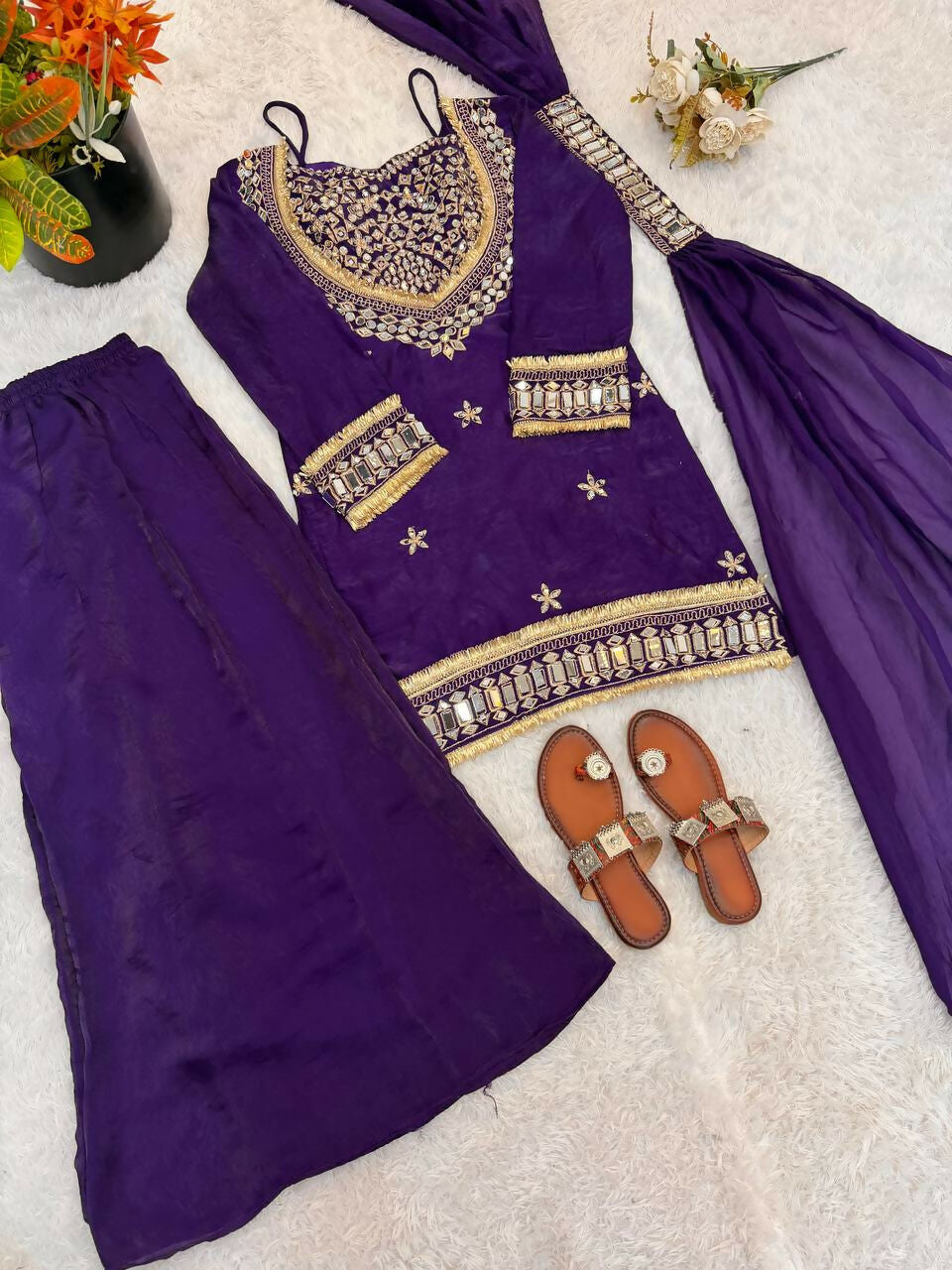 Teeya Creation New Trendy Stylish Real Mirror Work With Lace Border Purple Kurta Set