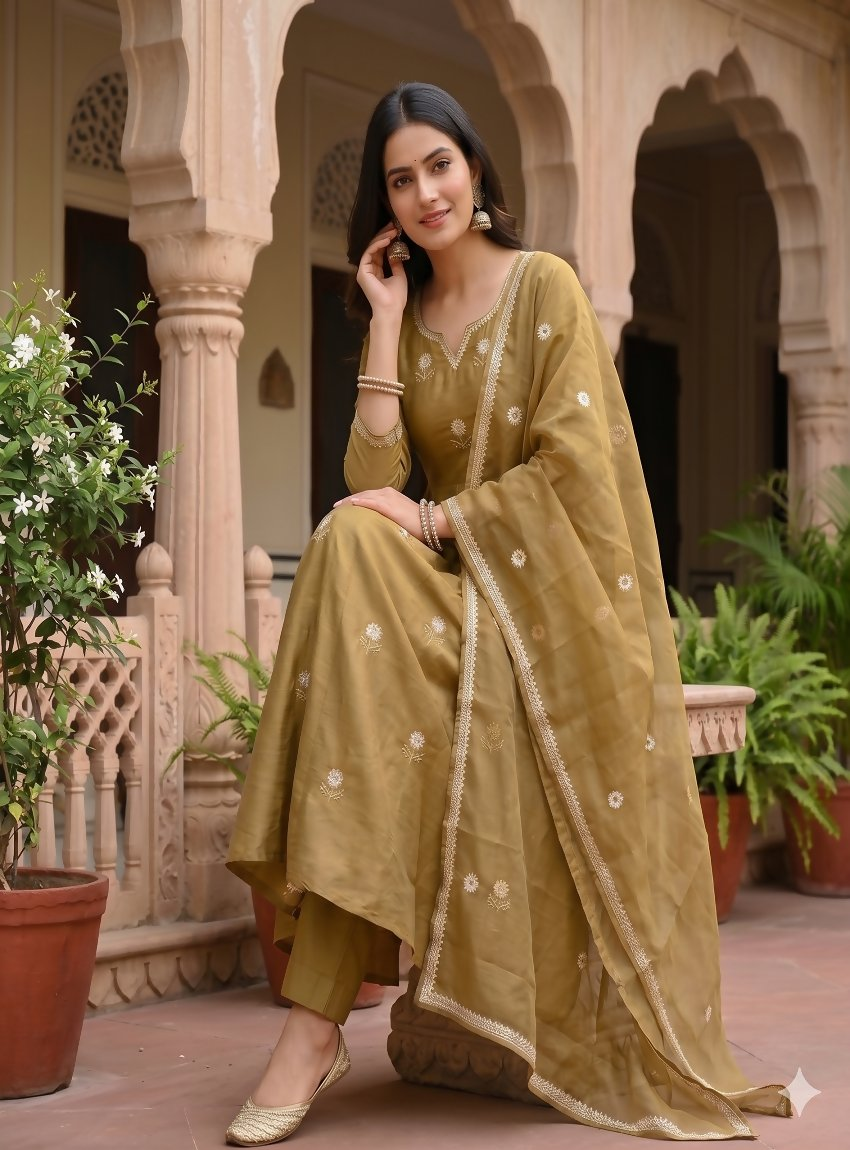 Teeya Creation Festive Gold-Olive Green Anarkali Kurta Pant Set For Women