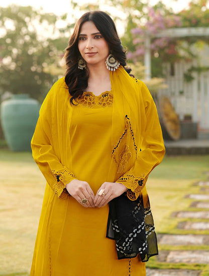 Nikhaar Yellow Embroidered Art Silk Stitched Straight Cut Kurta Palazzo Dupatta Readymade Suit