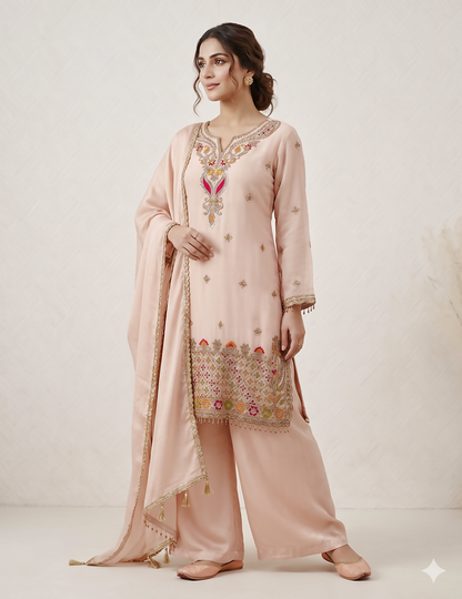 Teeya Creation Designer Baby Pink Festive Palazzo Suit Set with Heavy Embroidery