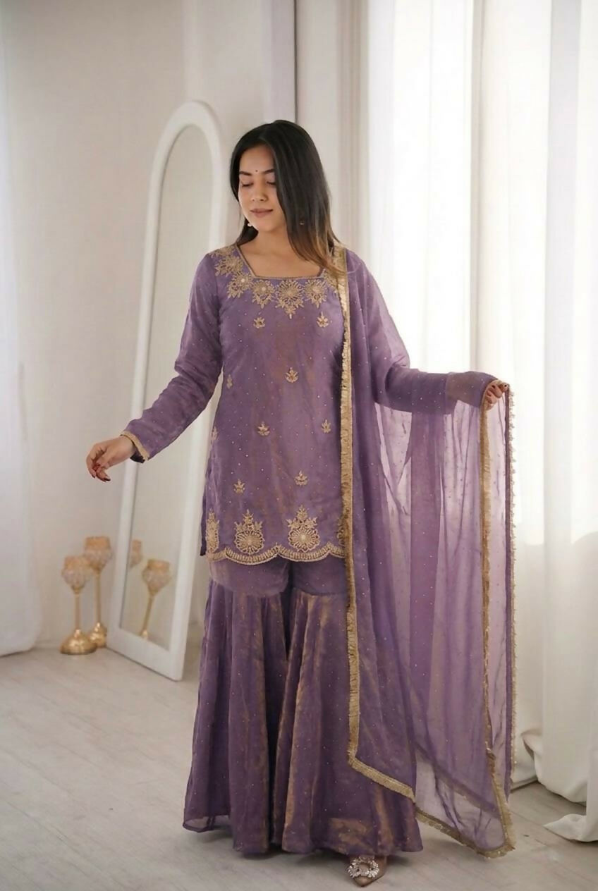 Teeya Creation Womens New Fancy Embroidery Sequence Work With Zarkan Diamond Work Lavender Kurta Set