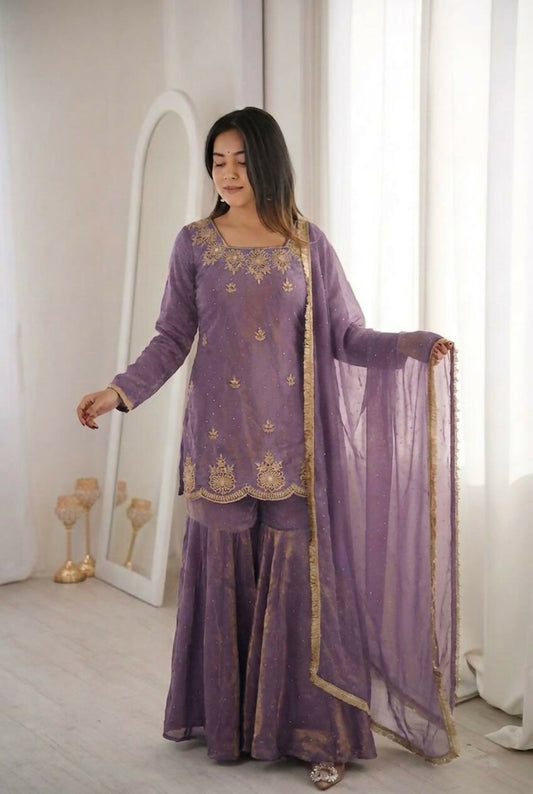 Teeya Creation Womens New Fancy Embroidery Sequence Work With Zarkan Diamond Work Lavender Kurta Set