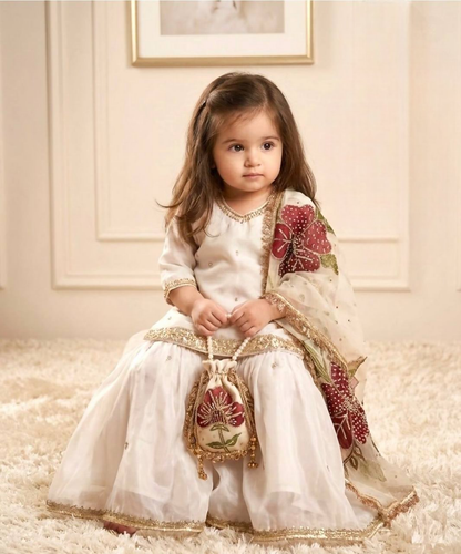 Teeya Creation New Kids Trendy Wedding Wear Traditional Kurta Sharara Set-White