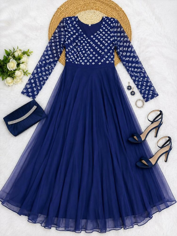 Teeya Creation Women's Royal Blue Bandhani Print Anarkali Gown