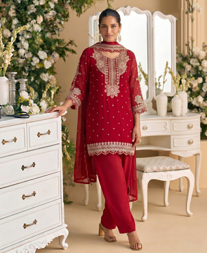 KC New Georgette Short Salwar Kameez Pakistani Style Red