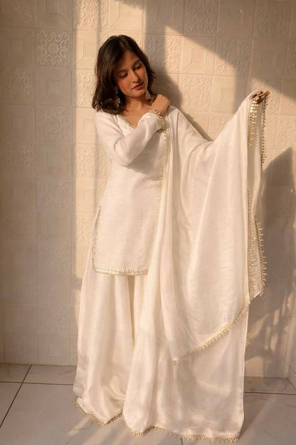 Teeya Creation Womens New Trending Less and Mirror Work Kurta Palazzo Set - White