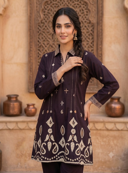 Teeya Creation Women Wine Printed Cotton Kurti With Trousers Co-Ord Set