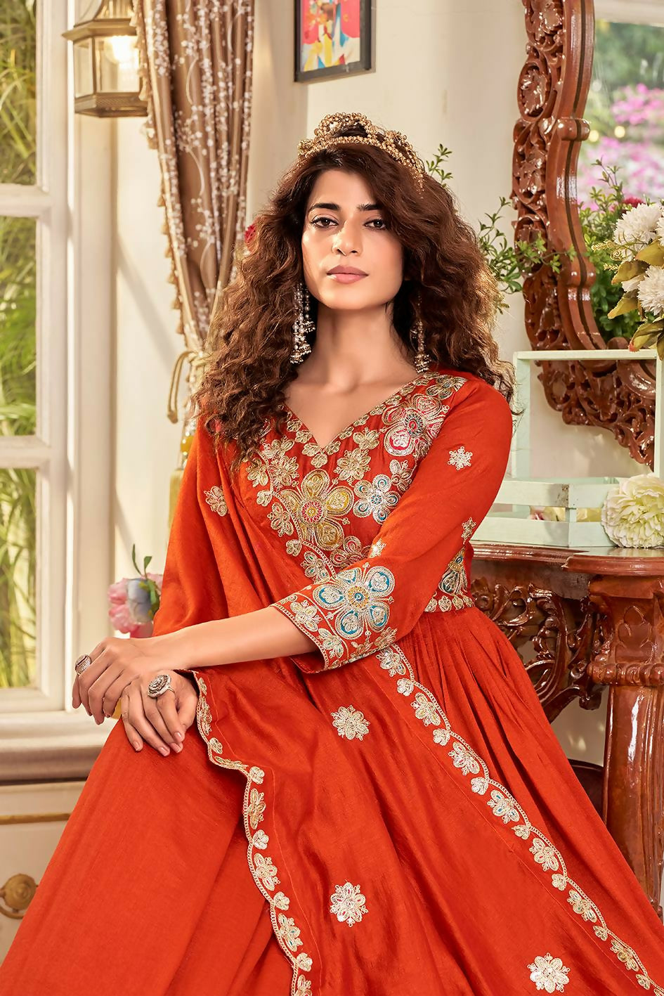 Teeya Creation Womens Casual Party Wear Heavy 5mm Sequence Embroidery Work Orange Gown Set