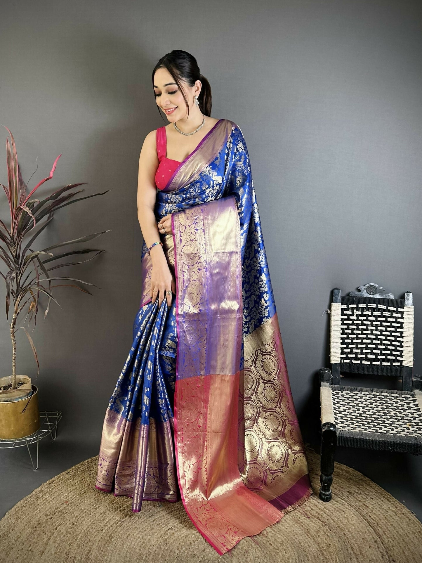 Prime Volt Pure Handloom Kanjivaram Katan Silk Saree with Antique Zari & Contrast Pallu-Royal Blue