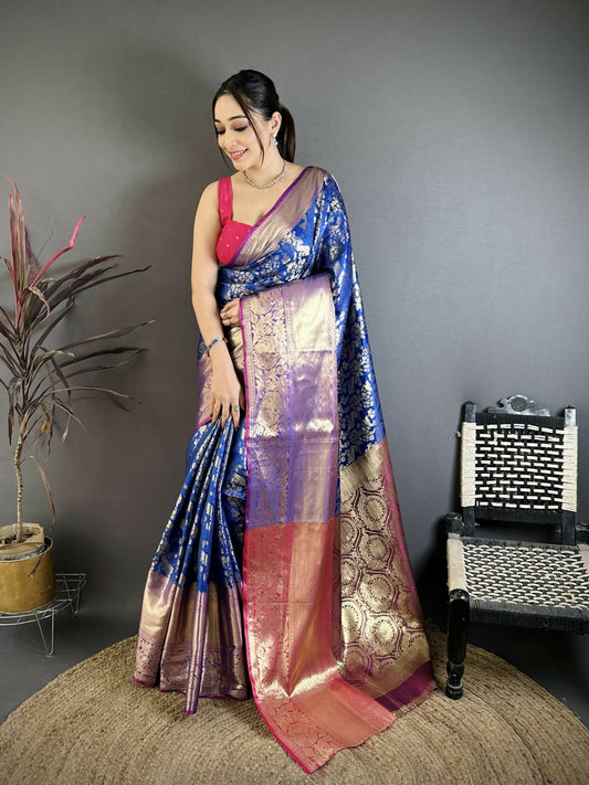 Prime Volt Pure Handloom Kanjivaram Katan Silk Saree with Antique Zari & Contrast Pallu-Royal Blue