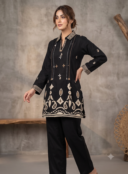 Teeya Creation Women Black Printed Cotton Kurti With Trousers Co-Ord Set