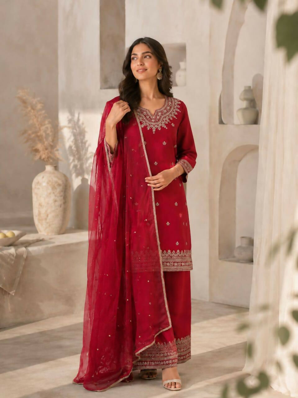 Teeya Creation Festive Red Silk Party Wear Kurti Pant Set With Elegant Zari Work