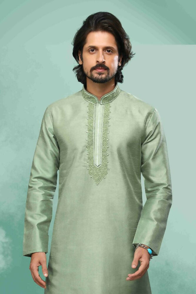 Raivat Ethnic Art Silk Mirror Embroidery Work Kurta Pajama In Light Green Colour
