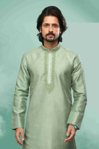 Raivat Ethnic Art Silk Mirror Embroidery Work Kurta Pajama In Light Green Colour