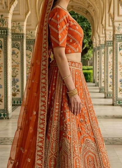 Lehenga Mart Rust Orange Heavy Silk With Fusing Designer Bollywood Style Wedding Wear Lehenga Choli