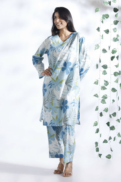 Breathables Blue Floral Print Cotton Long Kurta Co-Ord Set Cotton