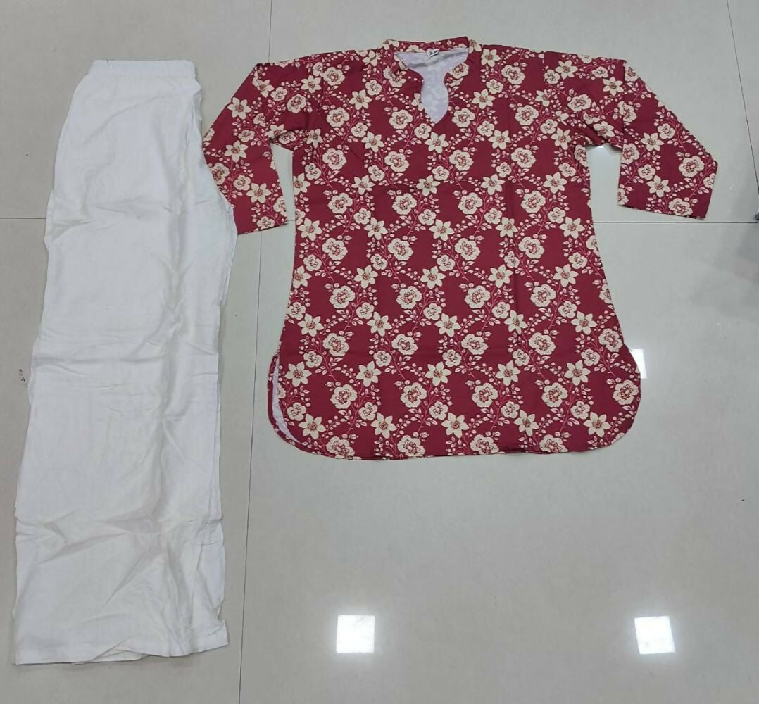 Teeya Creation Womens New Trendy Red Flower Floral Printed Short Kurti with Beige Palazzo Set