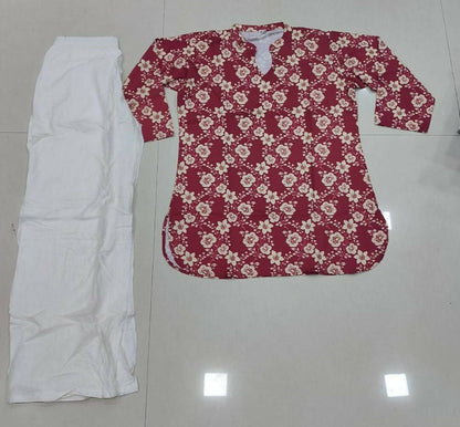 Teeya Creation Womens New Trendy Red Flower Floral Printed Short Kurti with Beige Palazzo Set
