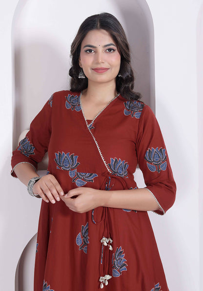 Miravan Women Rust Floral Printed Angrakha Kurta And Dupatta