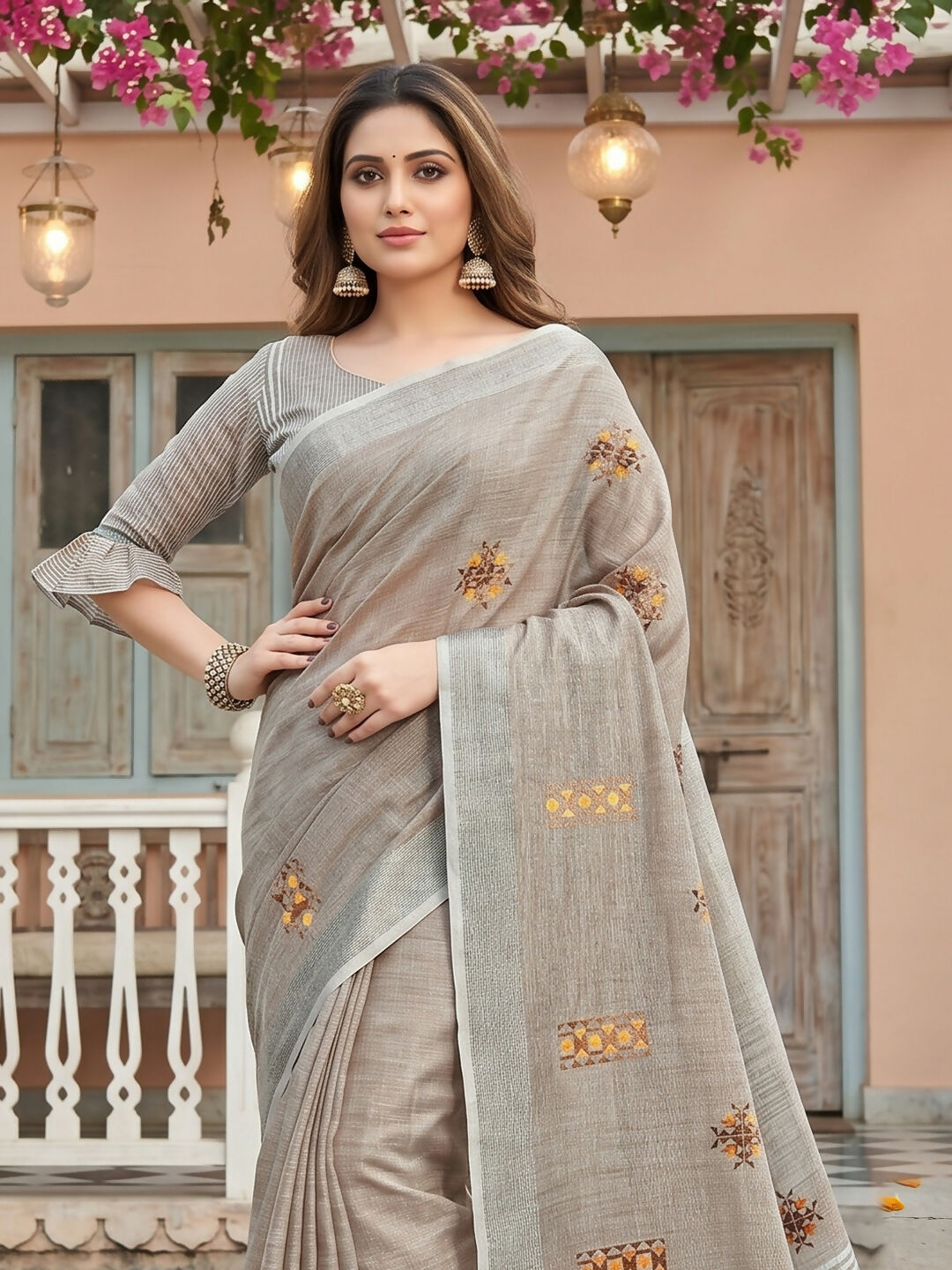 Shree Shyam Fashion Light Beige Linen Saree