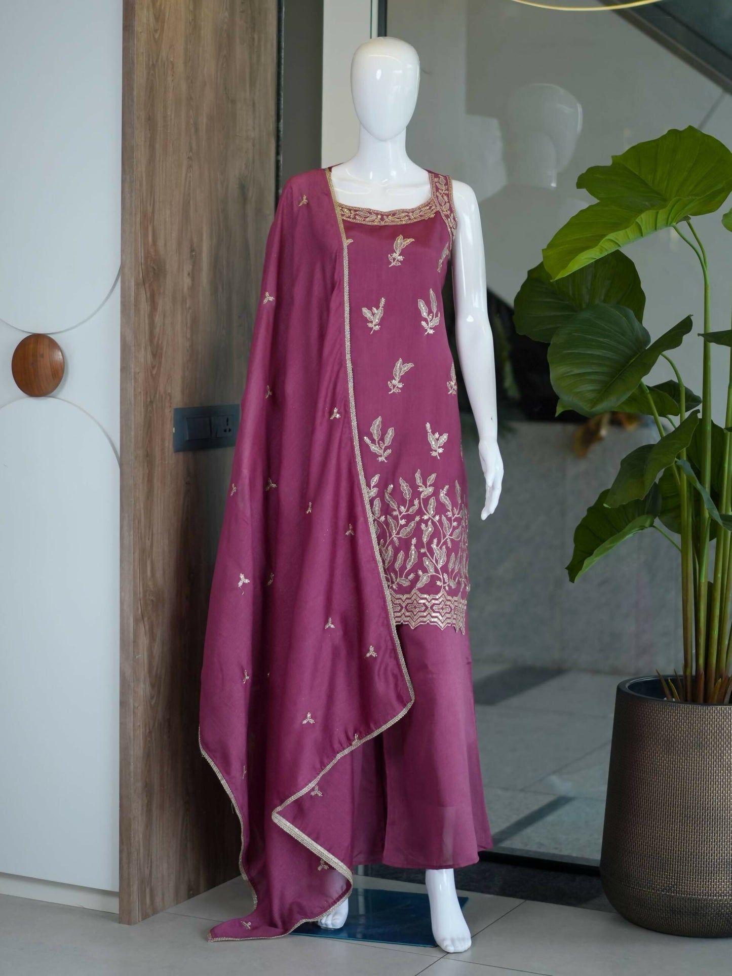 Teeya Creation Wine Embroidered Georgette Straight Kurta With Palazzo And Dupatta Set