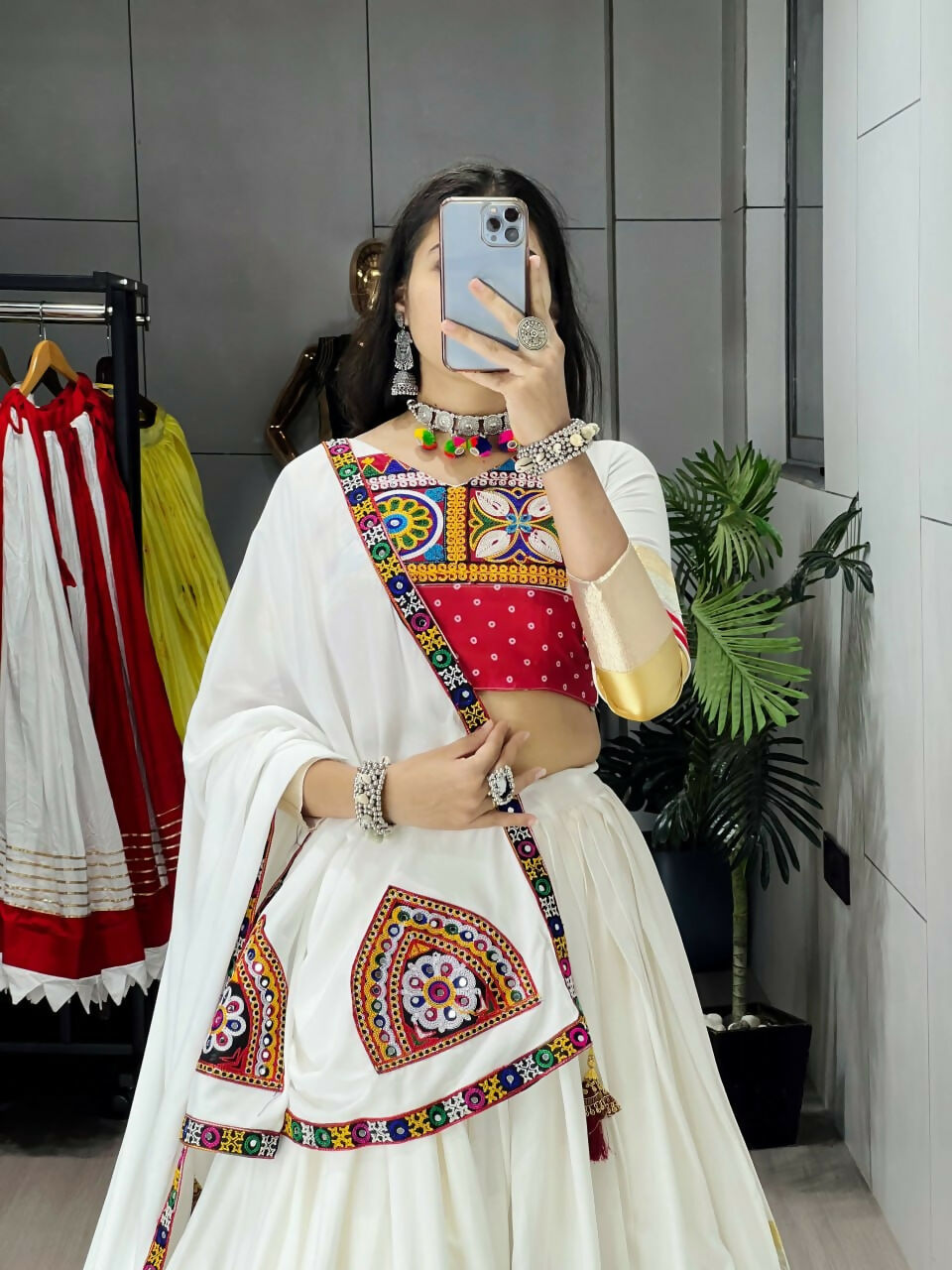Yash Enterprise Off White Rayon Cotton Embroidery Semi Stitched Navratri Top Chaniya Choli