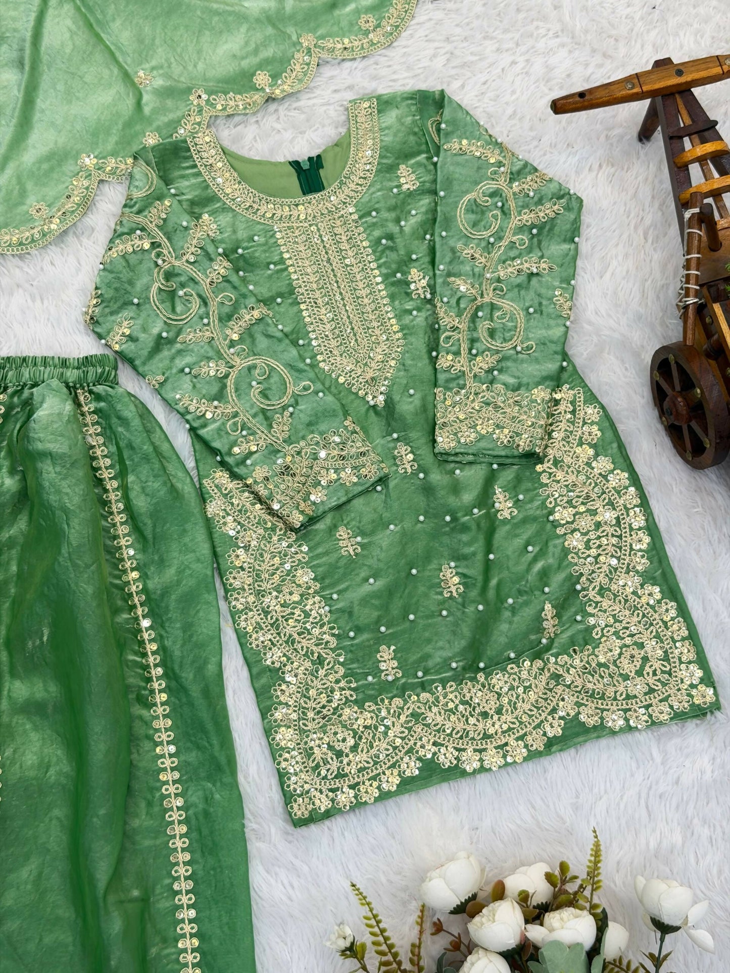Teeya Creation New Trendy Fully Stitched Ready to Wear Kids Kurta Palazzo Set-Green