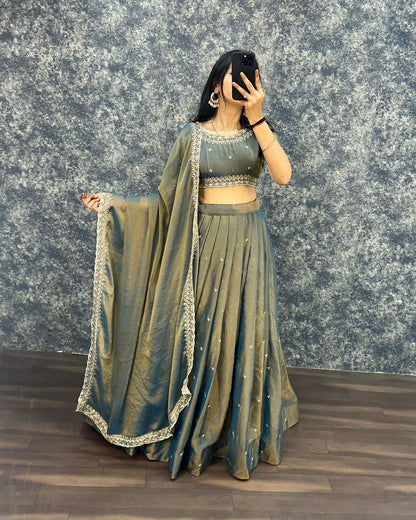 Teeya Creation Womens New Trendy Radiant Teal Hand-Embroidered Silk Lehenga Choli Set