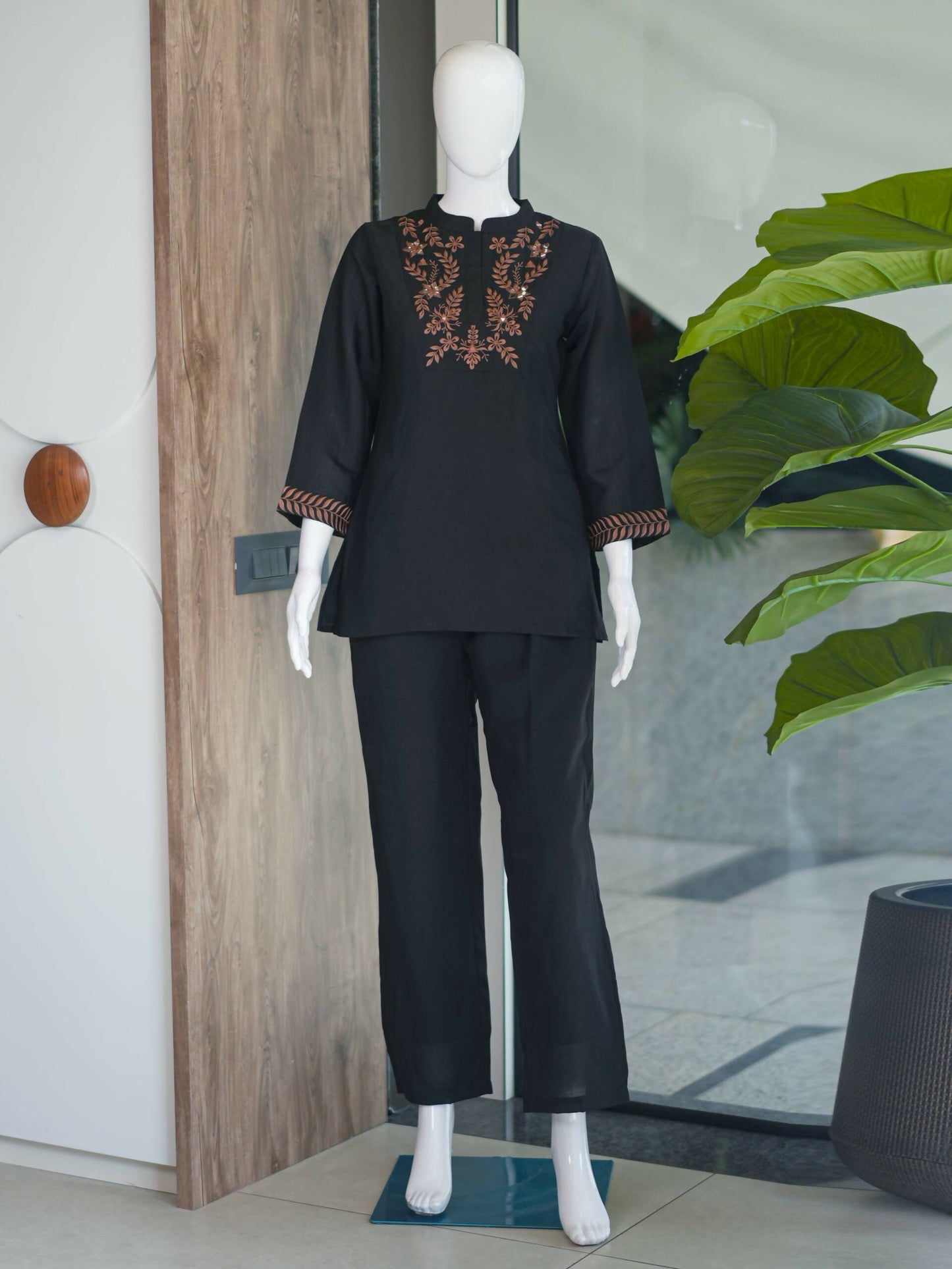 Teeya Creation Classic Black Embroidered Cotton Co-Ord Set For Women
