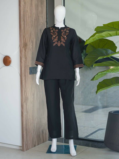 Teeya Creation Classic Black Embroidered Cotton Co-Ord Set For Women