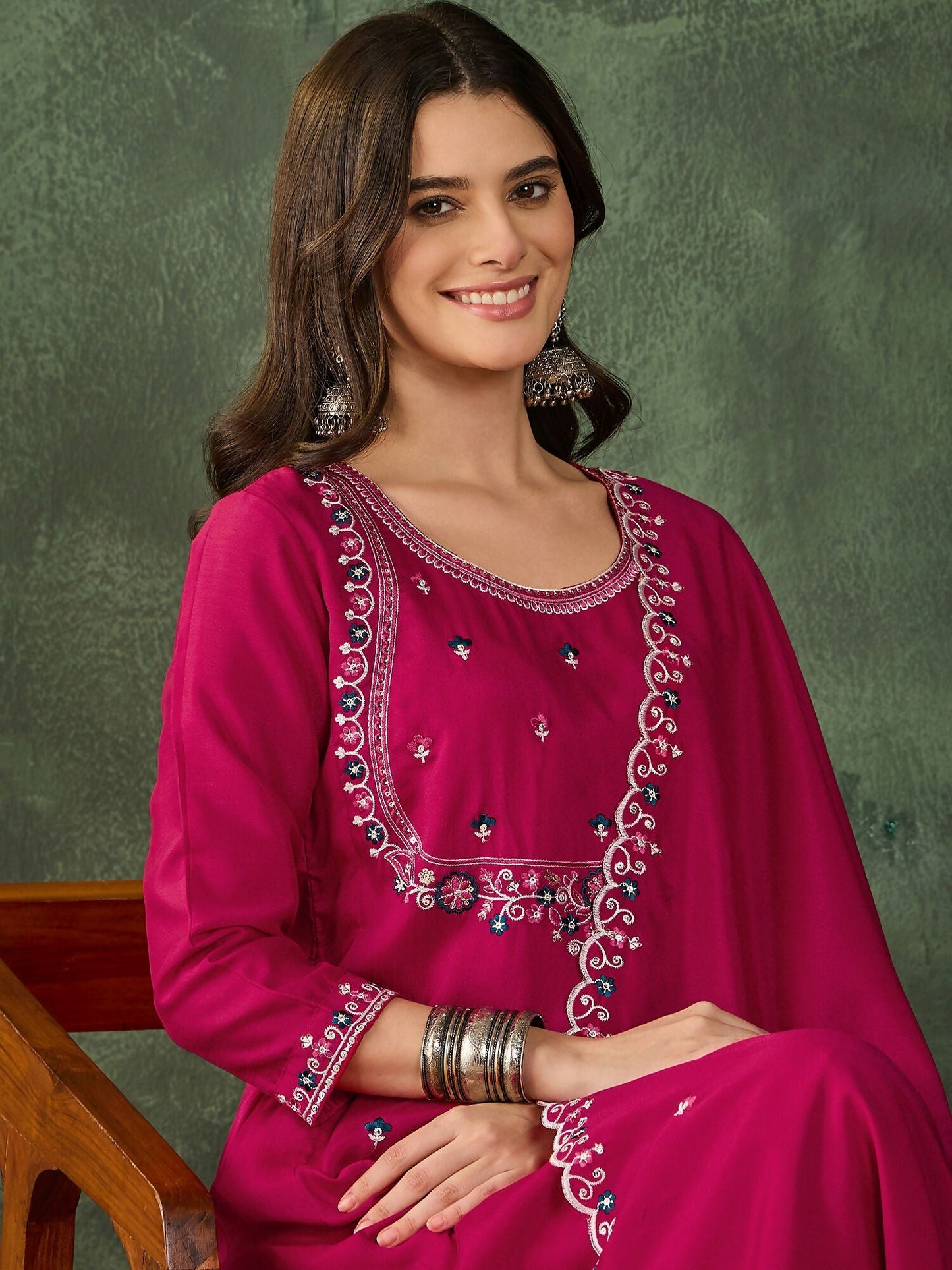 The52 Women's Gorgeous Embroidery Work Vichitra SIlk Fabric Flared Kurta Pant and Dupatta Set-Rani