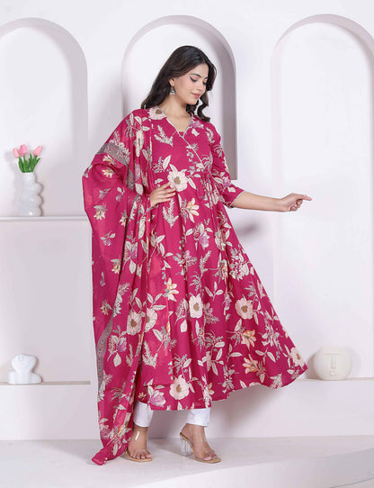Miravan Womens Pink Floral Printed Angrakha Kurta With Dupatta