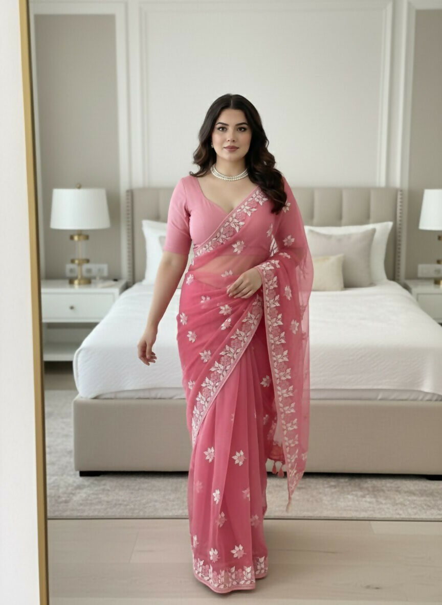 Teeya Creation Womens Latest Stylish Party Wear Soft Net Saree-Peach