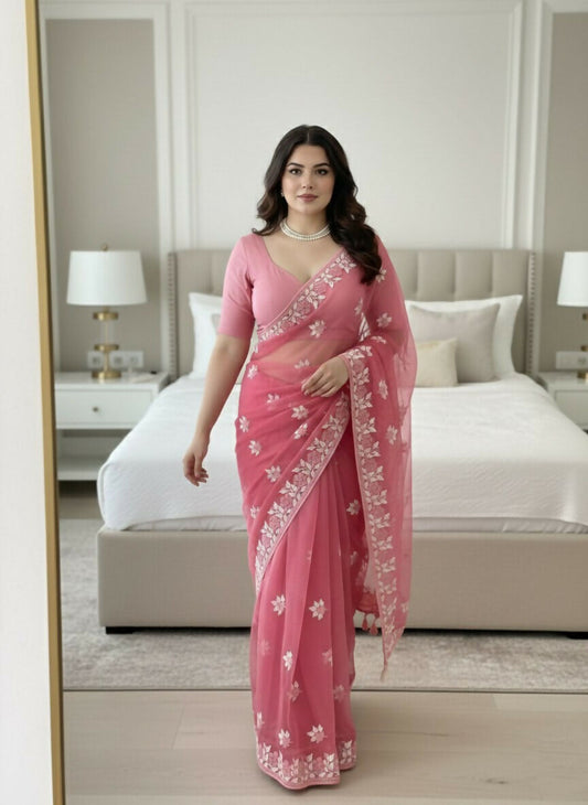 Teeya Creation Womens Latest Stylish Party Wear Soft Net Saree-Peach