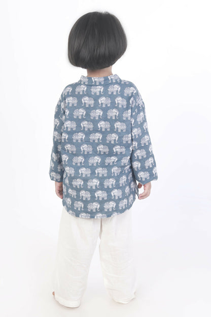 Breathables Kids Boys & Girls Cotton Night Suit  Grey Elephant Print Kurta & Pyjama Co-Ord Set