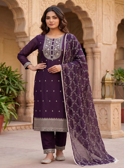 Teeya Creation Deep Wine Embroidered Straight Kurta With Pant And Dupatta