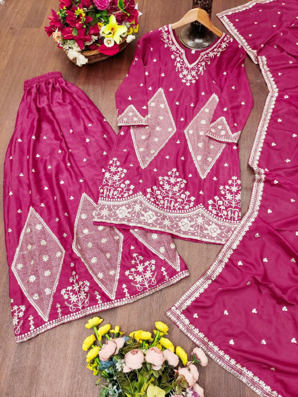 Teeya Creation New Womens Trendy Rani Pink Silk Blend Embroidered Sharara Suit Set With Dupatta