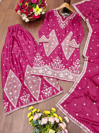 Teeya Creation New Womens Trendy Rani Pink Silk Blend Embroidered Sharara Suit Set With Dupatta