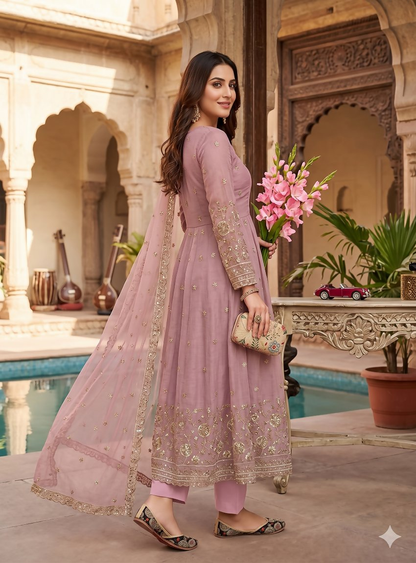 Teeya Creation Elegant Pink Embroidered Anarkali Kurta Set With Mirror Work Dupatta