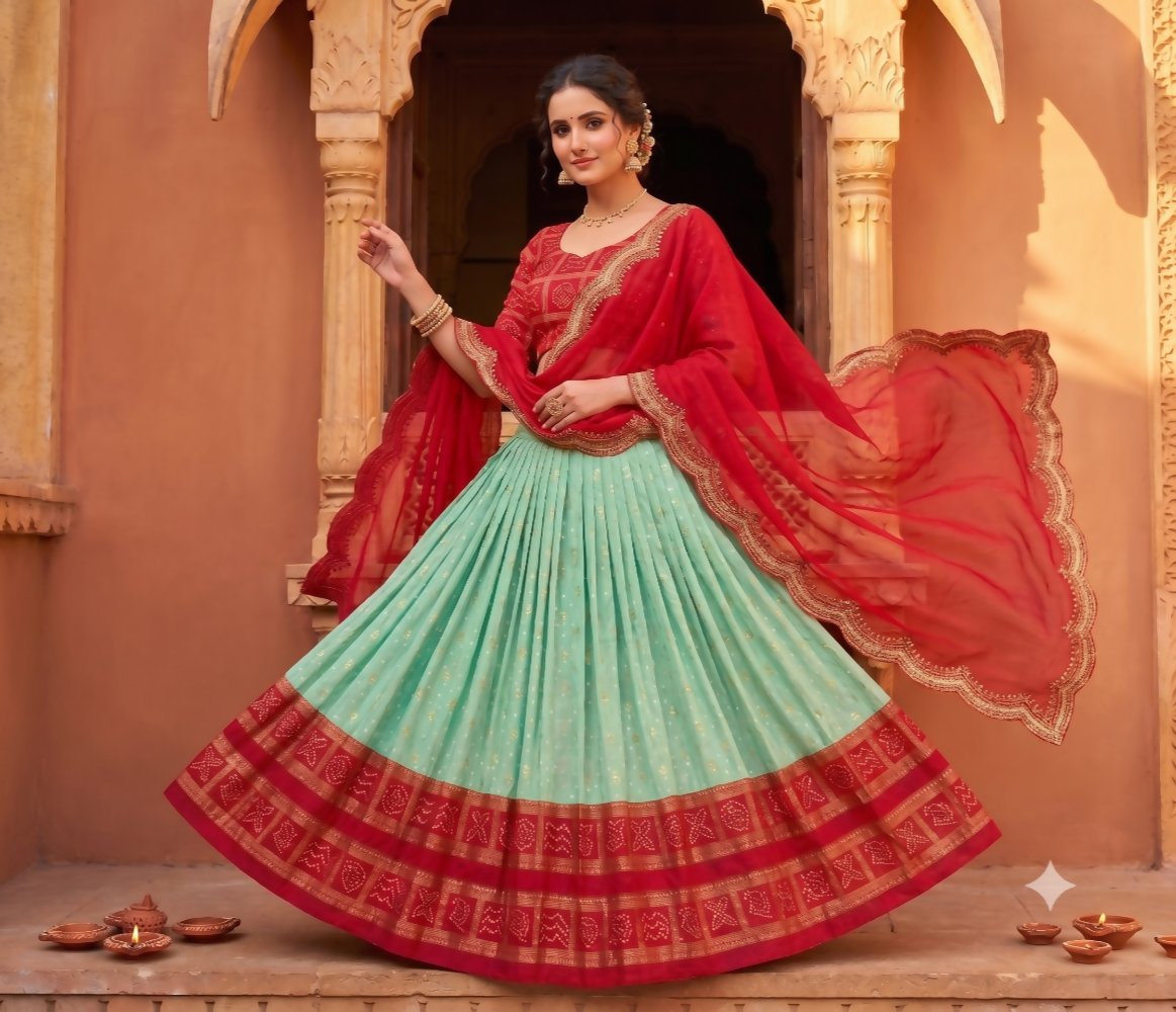 Teeya Creation Ethnic Sky Blue Lehenga Choli with Scalloped Border Dupatta