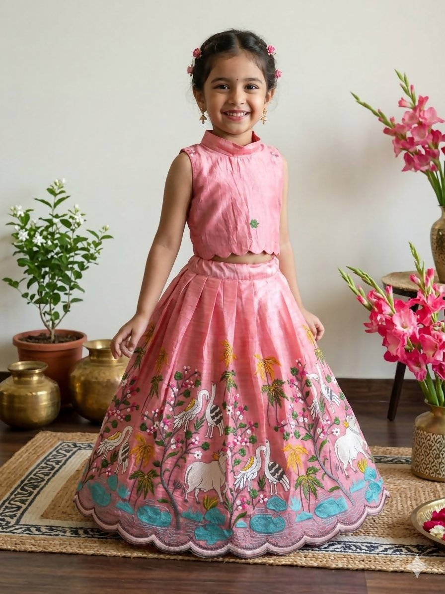 Teeya Creation New Girls Blush Pink Pichwai Embroidered Lehenga Choli Set-Pink