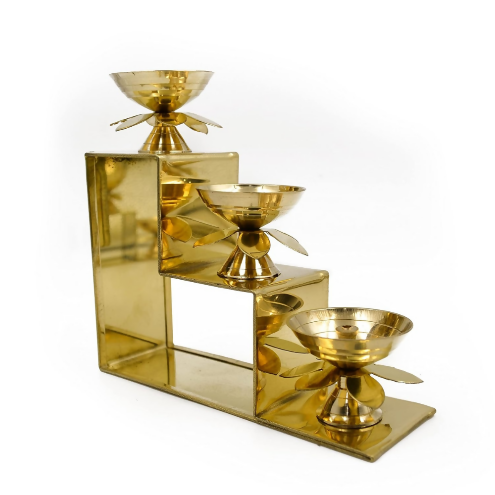 CraftVatika Brass Lotus Diya Oil Puja Lamp Piller Stand 3 Step Diya
