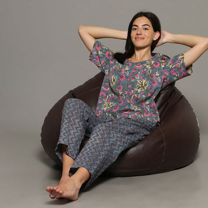 Breathables Women Cotton Printed Loungewear Kurta And Pants Co-Ord Set With Crop Top Grey I Nightwear