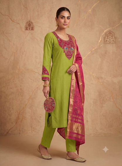 Teeya Creation Women Lime Green Embroidered Straight Kurta With Rani Pink Dupatta And Pant Set