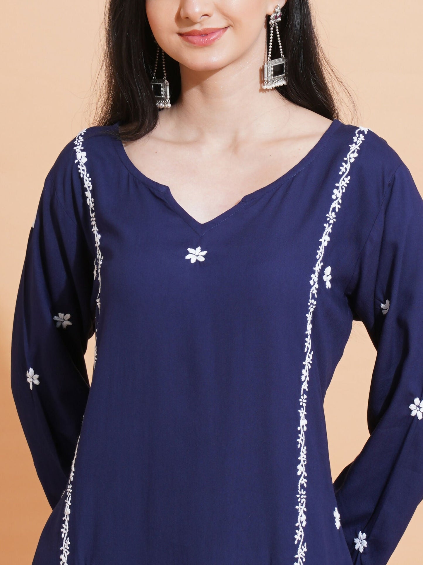 Pahnaz Luxury Rayon Chikankari Long Kurti-Blue