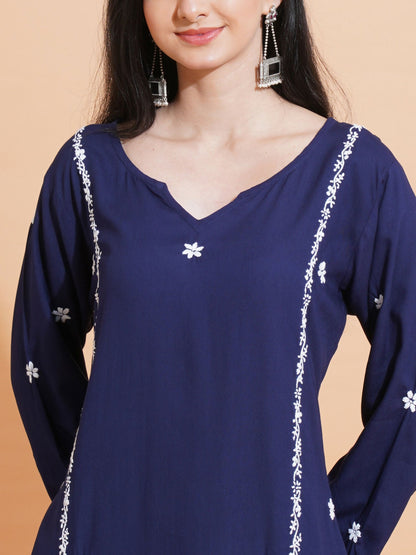 Pahnaz Luxury Rayon Chikankari Long Kurti-Blue