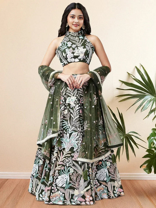 Tulsi Art Glamorous Green Sequins Net Designer Lehenga Choli With Dupatta