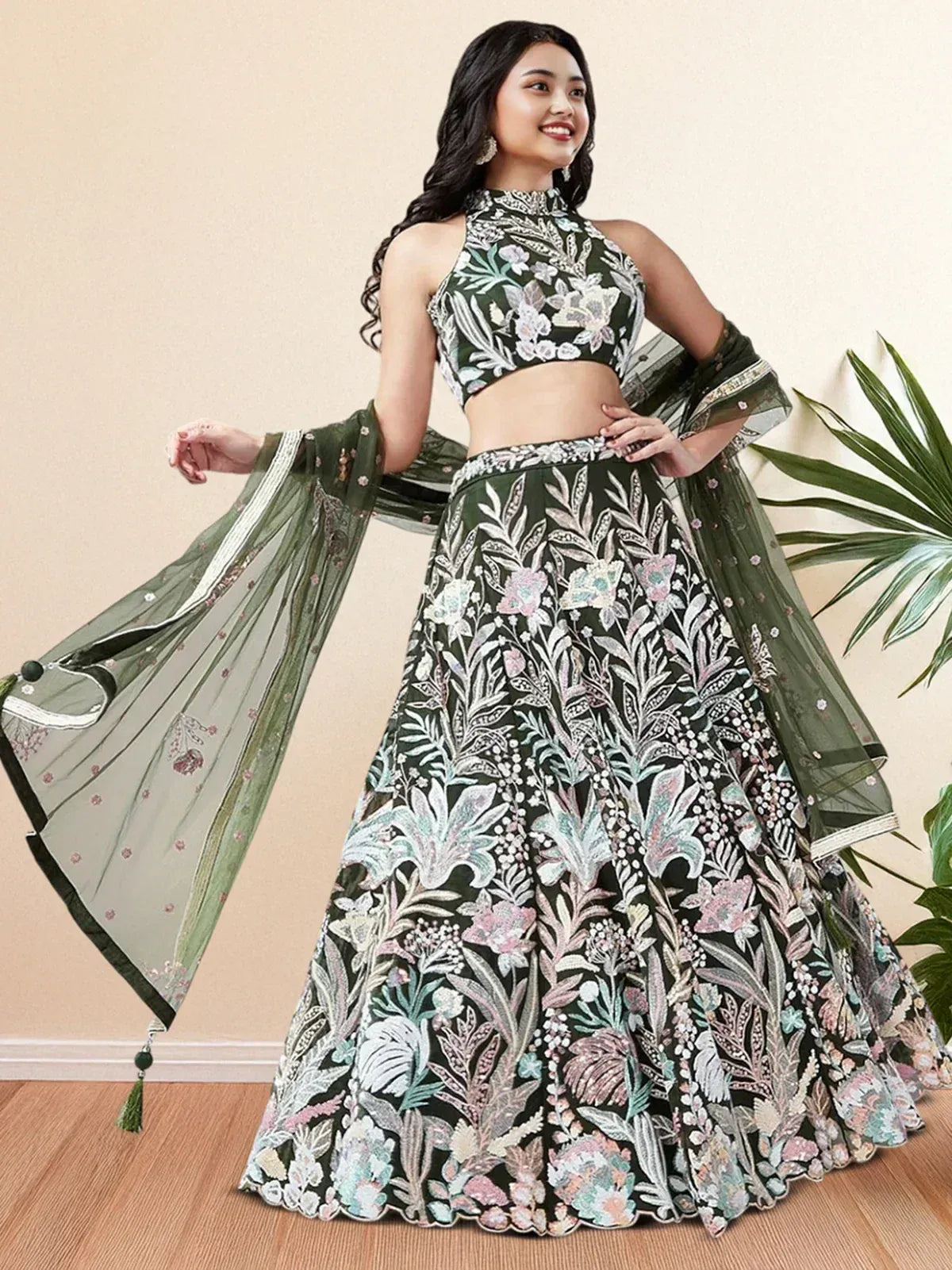 Tulsi Art Glamorous Green Sequins Net Designer Lehenga Choli With Dupatta