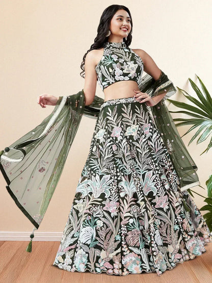Tulsi Art Glamorous Green Sequins Net Designer Lehenga Choli With Dupatta
