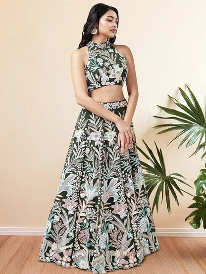 Tulsi Art Glamorous Green Sequins Net Designer Lehenga Choli With Dupatta